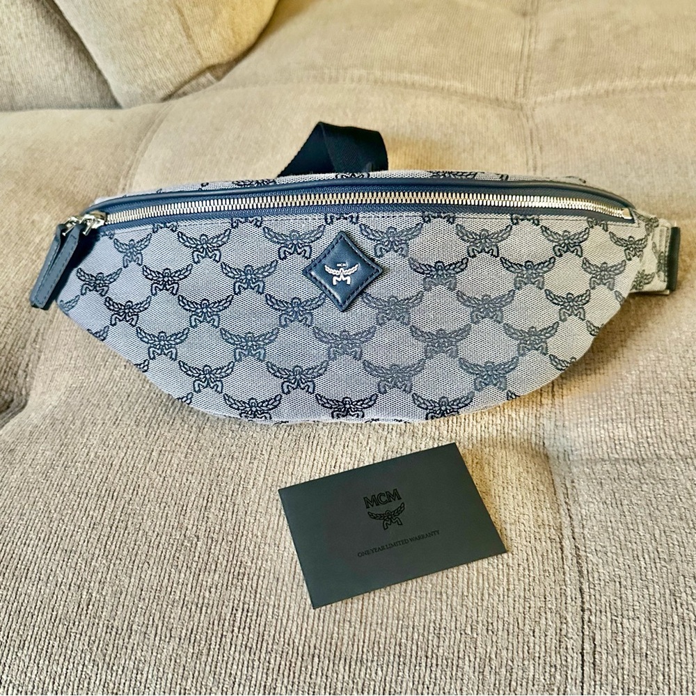 MCM HIMMEL JACQUARD BELT BAG WAIST BAG BUMBAG FANNY PACK DENIM NAVY BLUE